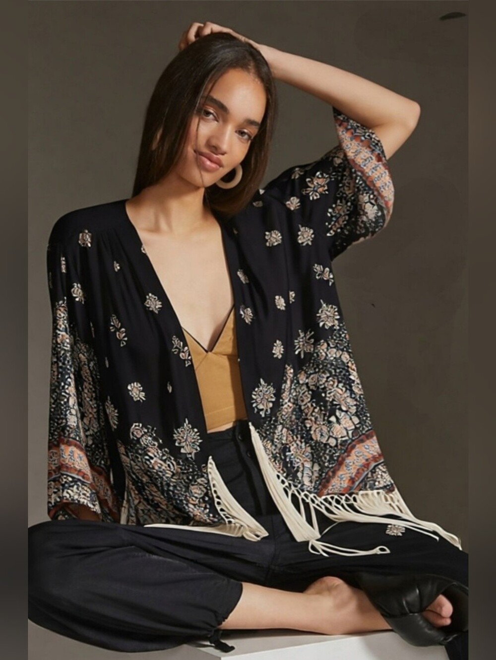 Abercrombie & Fitch Boho Floral Fringe Kimono Cardigan - Black/Tan